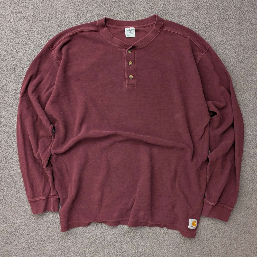 Carhartt Mens XL Waffle Knit Henley Shirt Long Sleeve Burgundy Maroon Cotton 122